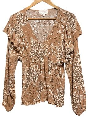 Sugar Fox Tan Floral V-Neck Ruffle Empire Waist Blouse L Best fit M